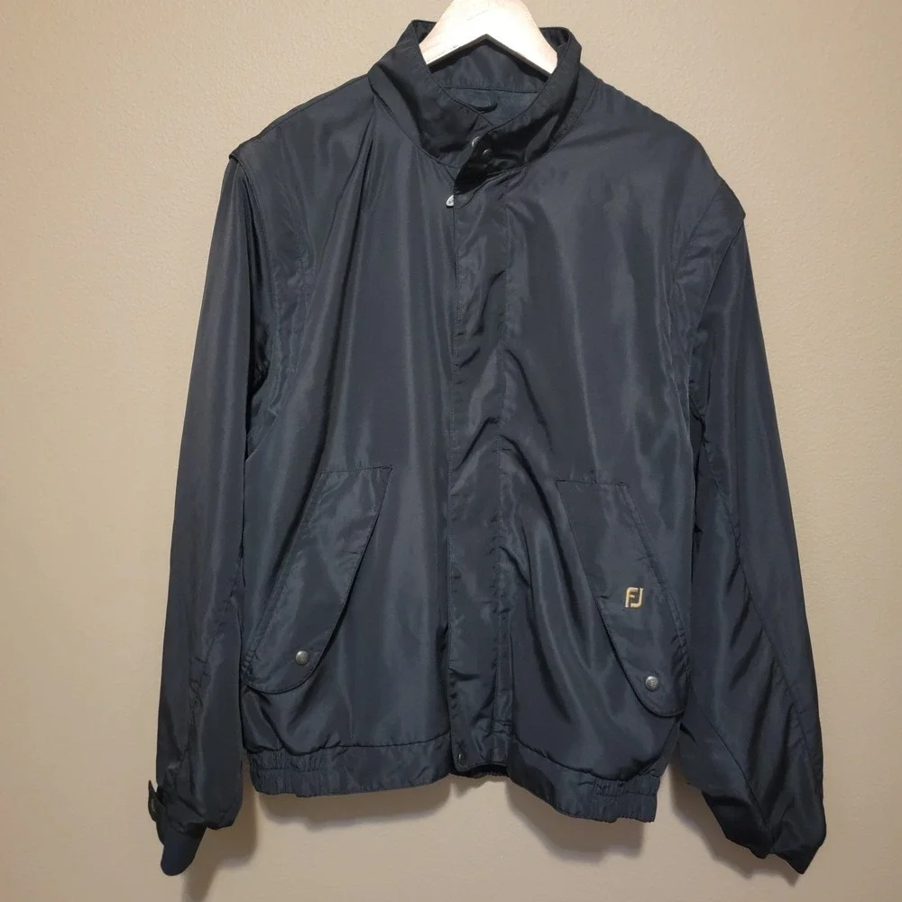 FootJoy DryJoys Jacket Mens Large Black Golf Rain Windbreaker Zip Off Sleeves